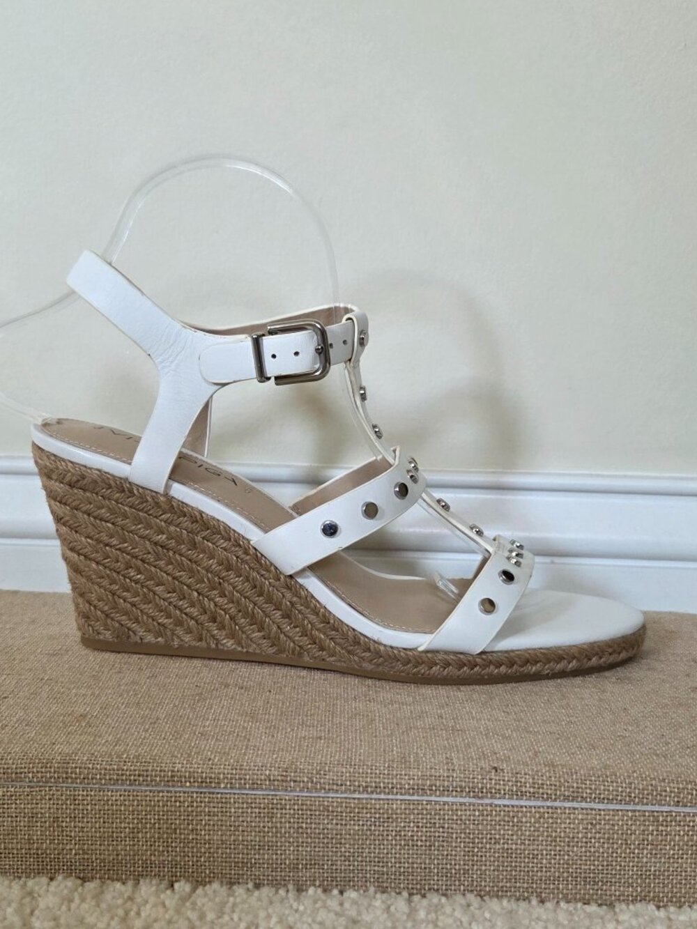 Via Spiga White Leather Studded Wedge Sandals